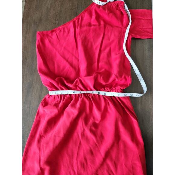 Mason Women's Size 2 One Shoulder Ruched Elastic Waist Silk Mini Dress Red - Picture 8 of 13